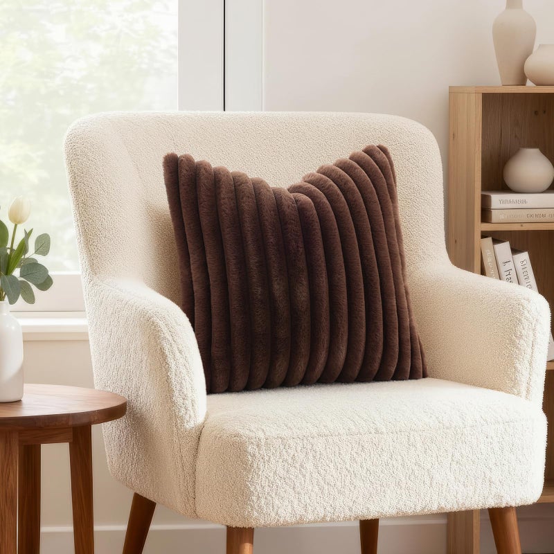 decorUhome Cozy Faux Fur Throw Pillow Covers 12x20 Set of 2 Decorative Soft Plush Striped Lumbar Modern Farmhouse Boho Couch Pillow Cases with Velvet Back for Sofa Bed Living Room, Dark Brown - Image 3