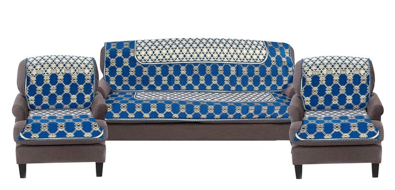 Nendle Luxurious Cotton Abstract Design 5 Seater Sofa Cover Set (Sky Blue, 6 Pieces) - Image 1