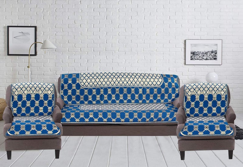 Nendle Luxurious Cotton Abstract Design 5 Seater Sofa Cover Set (Sky Blue, 6 Pieces) - Image 2