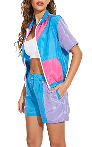 Yisfri Women's Vintage 80s 90s Style 2 Piece Outfit Short Sleeve Zip Front Windbreaker Tracksuit Themed Party Workout Set (Blue, L) - Image 2