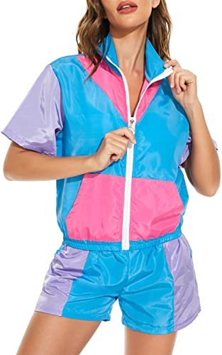 Yisfri Women's Vintage 80s 90s Style 2 Piece Outfit Short Sleeve Zip Front Windbreaker Tracksuit Themed Party Workout Set (Blue, L) - Image 5