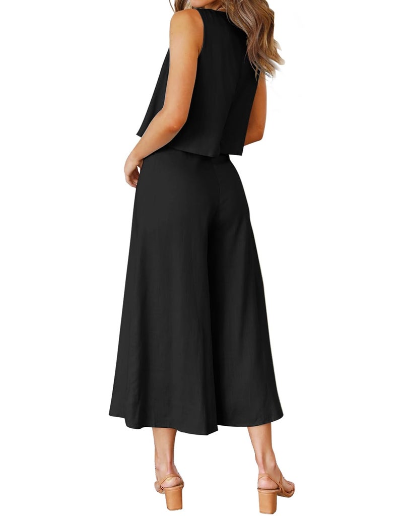 ROYLAMP Women's Summer 2 Piece Outfits Round neck Crop Basic Top Cropped Wide Leg pants Set Jumpsuits Black L - Image 3