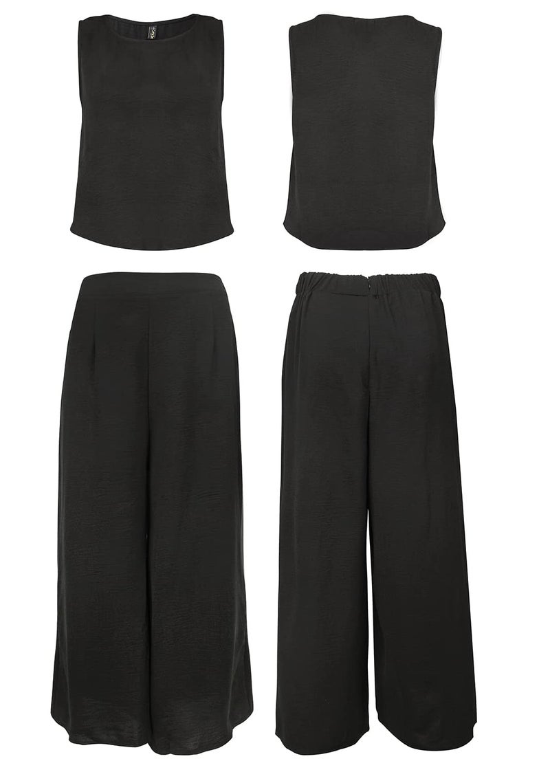 ROYLAMP Women's Summer 2 Piece Outfits Round neck Crop Basic Top Cropped Wide Leg pants Set Jumpsuits Black L - Image 5