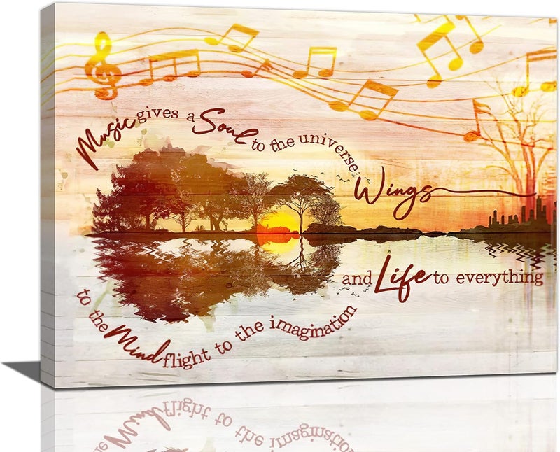 exroozy Music Wall Art Guitar Wall Decor Rustic Musical Note Pictures Painting Lake Artwork Farmhouse Canvas Home Decor Framed for Bathroom Bedroom Living Room Classroom 12"x16" - Image 1