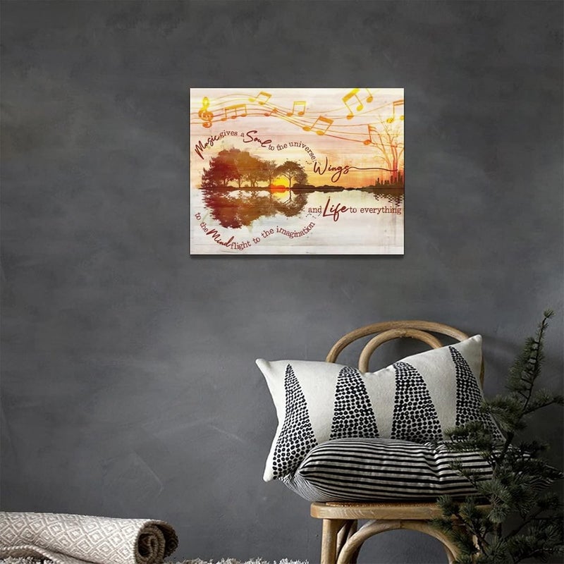 exroozy Music Wall Art Guitar Wall Decor Rustic Musical Note Pictures Painting Lake Artwork Farmhouse Canvas Home Decor Framed for Bathroom Bedroom Living Room Classroom 12"x16" - Image 2