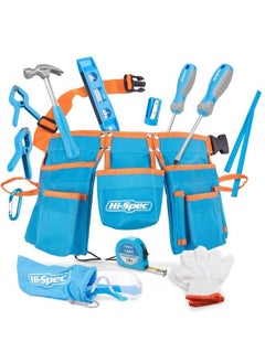 Hi-Spec 16Pc Blue Kids Tool Kit Set & Child Size Tool Belt. Real Metal Hand Tools For Diy Building Woodwork & Construction Learning Tool Kit For Kids  - Image 1