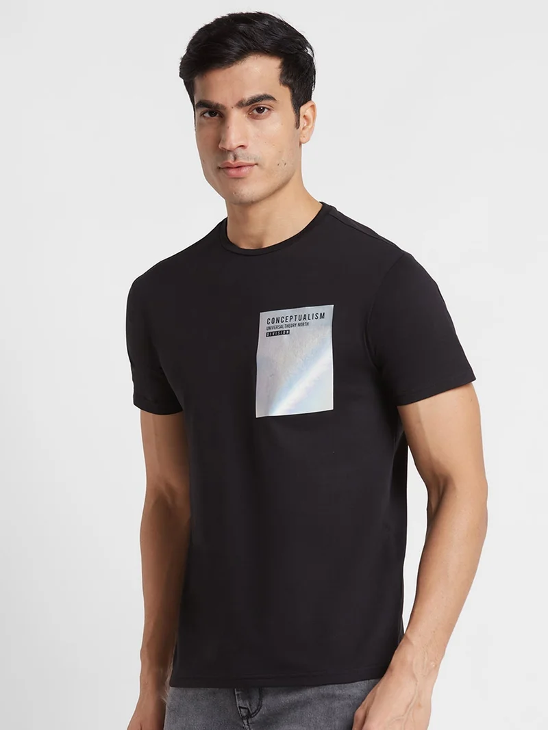 globus Globus Men Black Printed Round Neck Cotton Regular Fit Casual T-shirt
