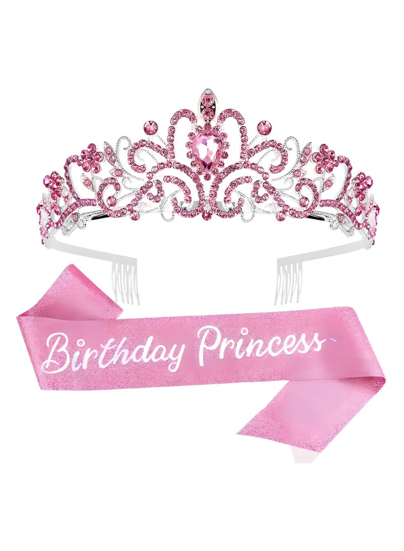 LIXADA 2Pc/Set Birthday Tiaras For Women, Princess Crown Tiara, Happy Birthday Crowns For Women, Birthday Crown For Girls Birthday Sash, Happy Birthday Decorations Ribbon Sash For Women, Birthday Accessories, Gift for Kids Age 3+ - Image 1
