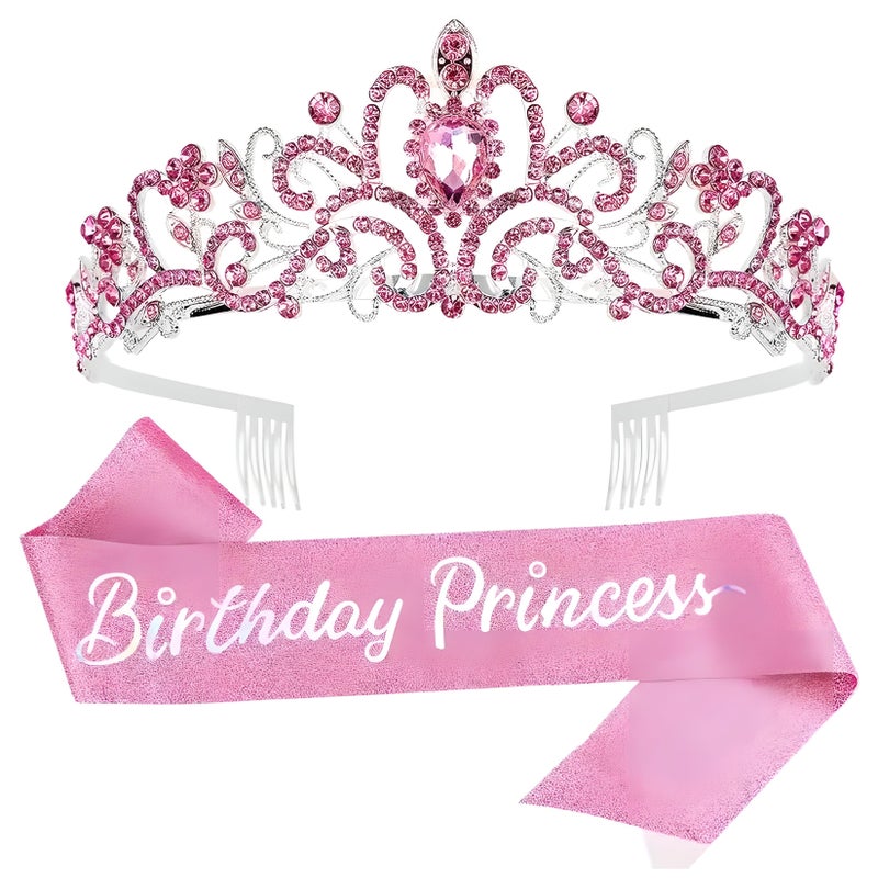 LIXADA 2Pc/Set Birthday Tiaras For Women, Princess Crown Tiara, Happy Birthday Crowns For Women, Birthday Crown For Girls Birthday Sash, Happy Birthday Decorations Ribbon Sash For Women, Birthday Accessories, Gift for Kids Age 3+ - Image 1