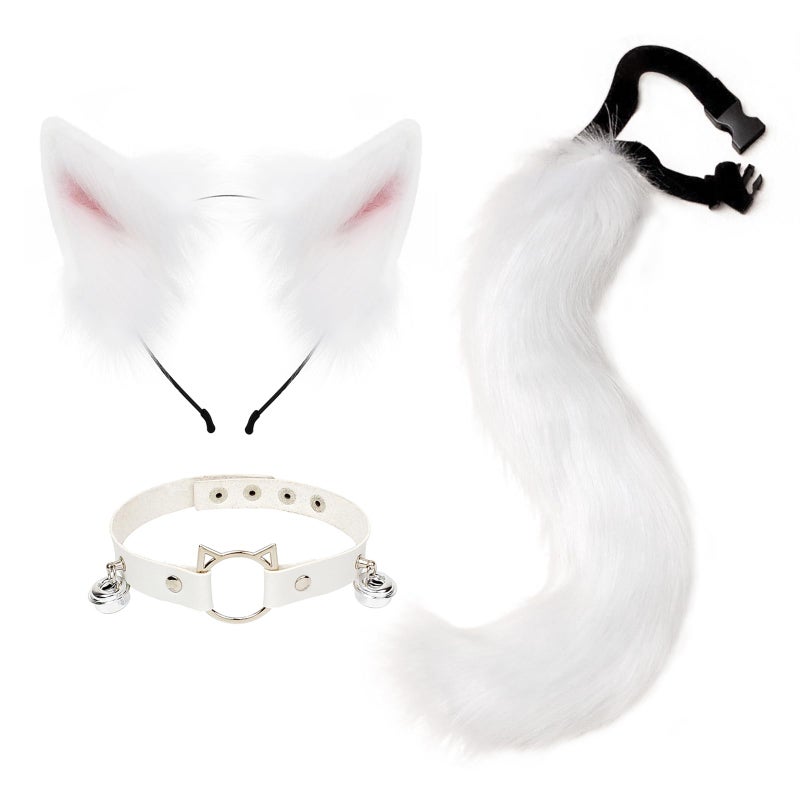 hbbhml Furry Animal Cat Fox Tail Faux Fur Wolf Ear Headband Leather Neck Chocker Costume Set for Party Halloween Cosplay - Image 1