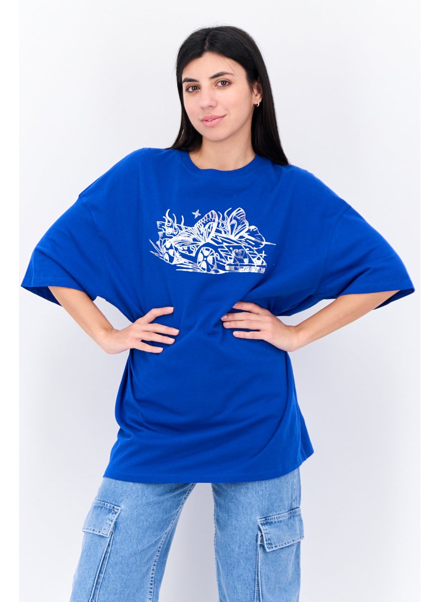 Bershka Women Crew Neck Short Sleeve Printed T Shirt, Blue  - Image 1