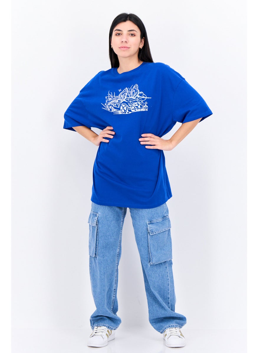 Bershka Women Crew Neck Short Sleeve Printed T Shirt, Blue  - Image 4