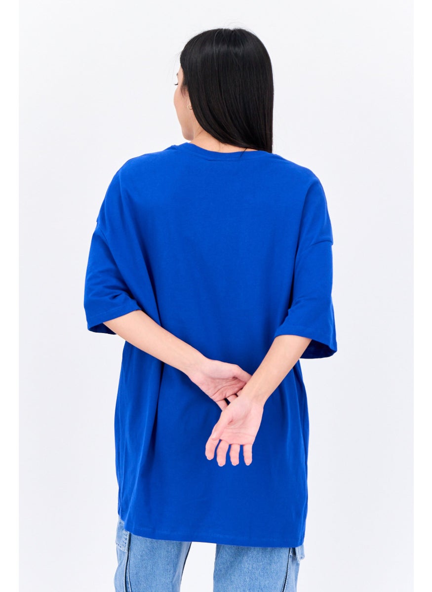 Bershka Women Crew Neck Short Sleeve Printed T Shirt, Blue  - Image 3