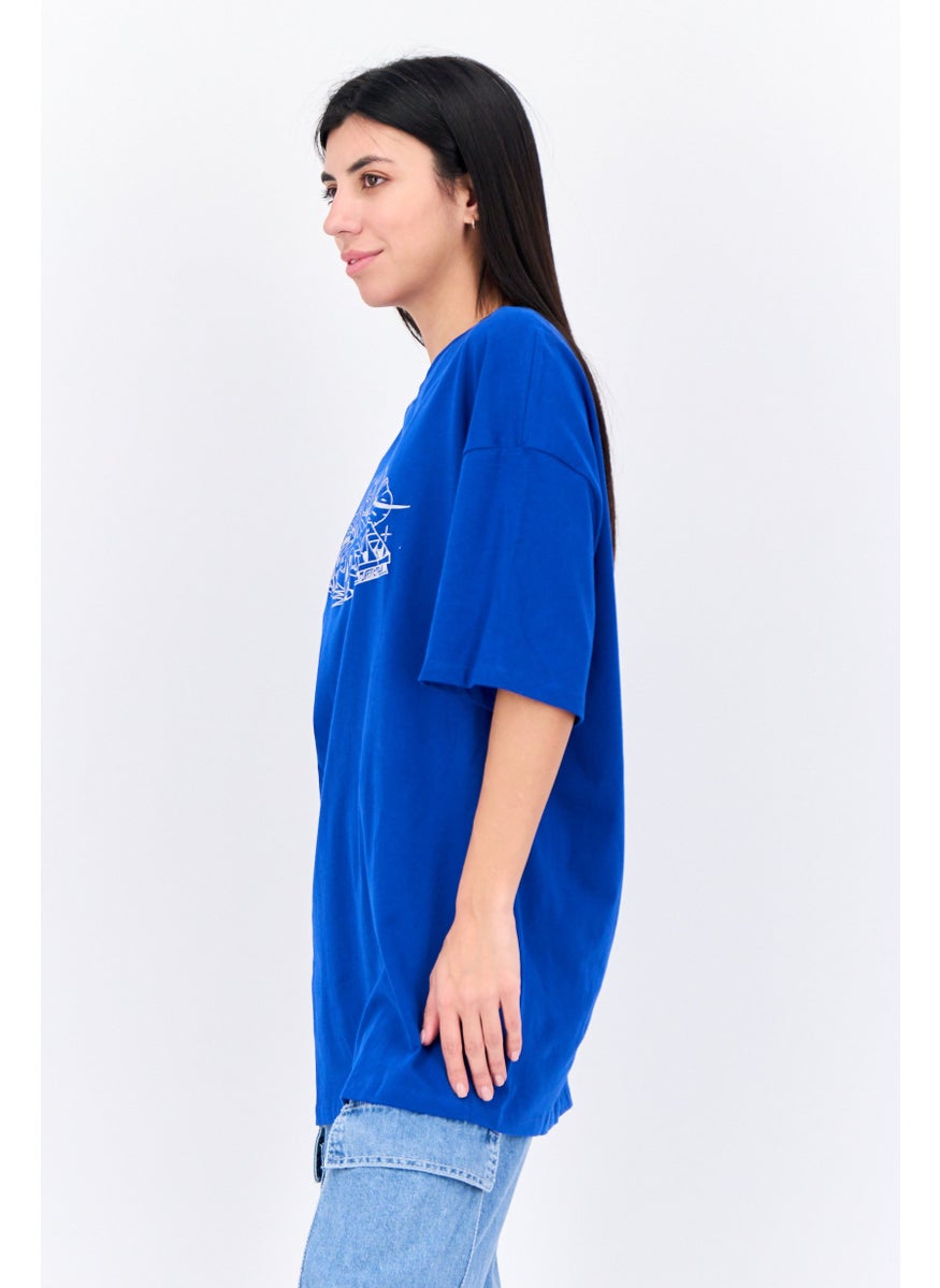 Bershka Women Crew Neck Short Sleeve Printed T Shirt, Blue  - Image 2