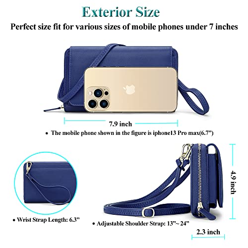 Peacocktion RFID Wristlet Women's Wallets, Leather Women's Crossbody Handbags, Clutch Purses with Phone Pocket Zipper Navy Blue - Image 4