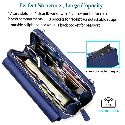 Peacocktion RFID Wristlet Women's Wallets, Leather Women's Crossbody Handbags, Clutch Purses with Phone Pocket Zipper Navy Blue - Image 2