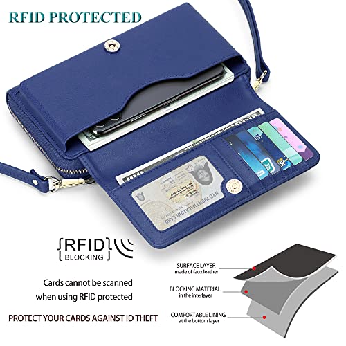 Peacocktion RFID Wristlet Women's Wallets, Leather Women's Crossbody Handbags, Clutch Purses with Phone Pocket Zipper Navy Blue - Image 3