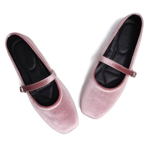 Stunner Velvet Flats for Women Women's Mary Jane Shoes Retro Square Toe Ballet Flats Comfortable Buckle Strap Flats Pink 40(8) - Image 5