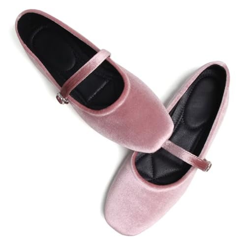Stunner Velvet Flats for Women Women's Mary Jane Shoes Retro Square Toe Ballet Flats Comfortable Buckle Strap Flats Pink 40(8) - Image 3