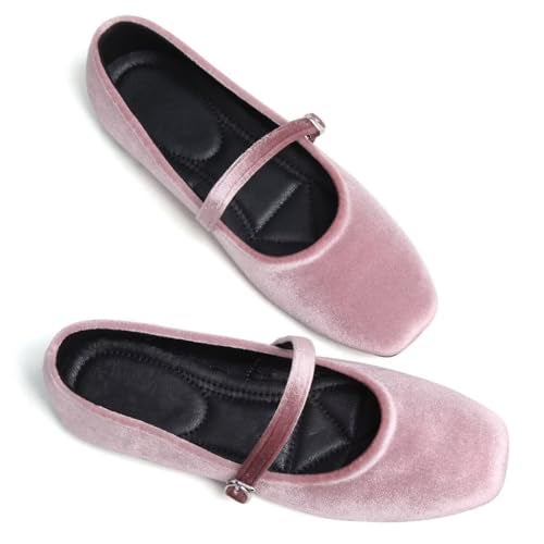 Stunner Velvet Flats for Women Women's Mary Jane Shoes Retro Square Toe Ballet Flats Comfortable Buckle Strap Flats Pink 40(8) - Image 2