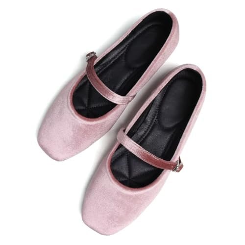 Stunner Velvet Flats for Women Women's Mary Jane Shoes Retro Square Toe Ballet Flats Comfortable Buckle Strap Flats Pink 40(8) - Image 1