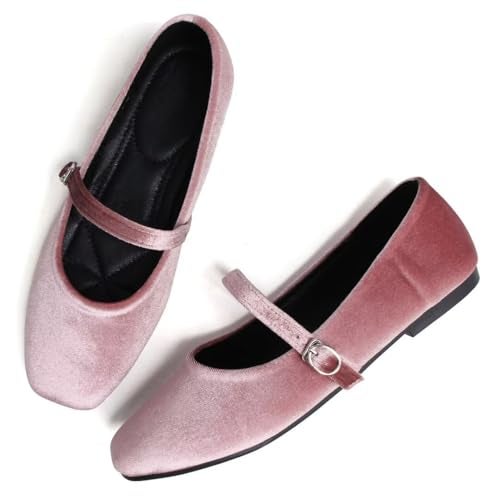 Stunner Velvet Flats for Women Women's Mary Jane Shoes Retro Square Toe Ballet Flats Comfortable Buckle Strap Flats Pink 40(8) - Image 4