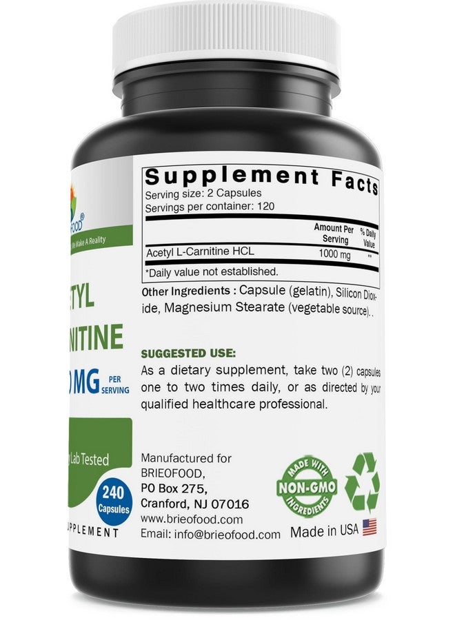 Brieofood Acetyl L-Carnitine 1000 mg Per Serving- 240 Capsules. Gluten-Free, Non-GMO. - Image 2