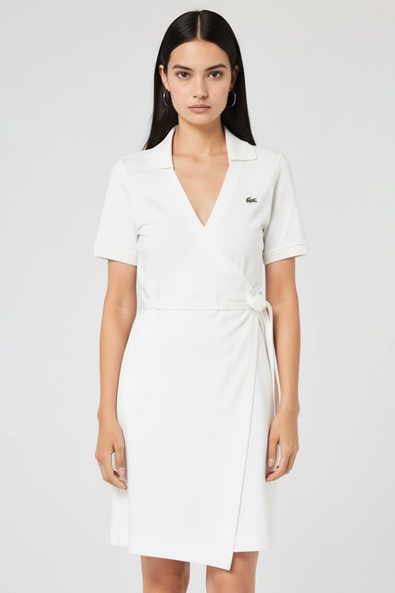 LACOSTE فستان ملفوف مزخرف للنساء، أبيض - Image 2