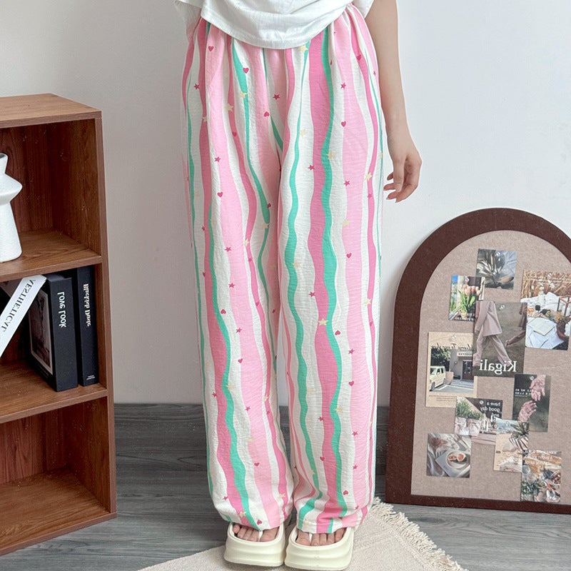 Cute Kitty Cat Summer Pajama Pants Women High-Waist Lounge Trousers-rainbow strips (cloud cotton fabric)