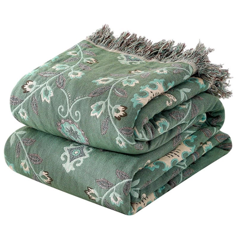 MSGKV Boho Throw Blanket for Couch Bed 60''x80'', 100% Cotton Blankets Woven Green Blanket Spring Reversible Spring Breathable Lightweight Decorative Throws - Image 1