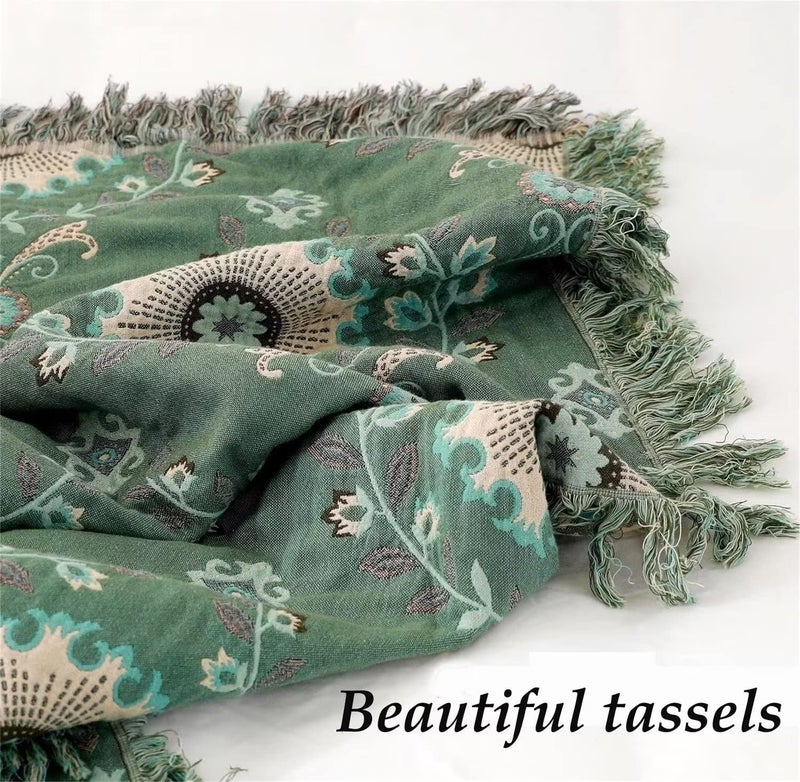 MSGKV Boho Throw Blanket for Couch Bed 60''x80'', 100% Cotton Blankets Woven Green Blanket Spring Reversible Spring Breathable Lightweight Decorative Throws - Image 2