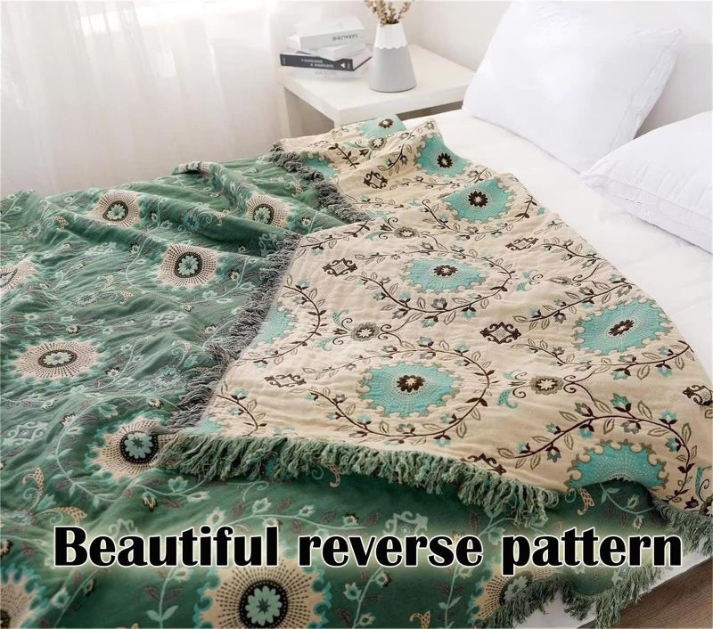 MSGKV Boho Throw Blanket for Couch Bed 60''x80'', 100% Cotton Blankets Woven Green Blanket Spring Reversible Spring Breathable Lightweight Decorative Throws - Image 4