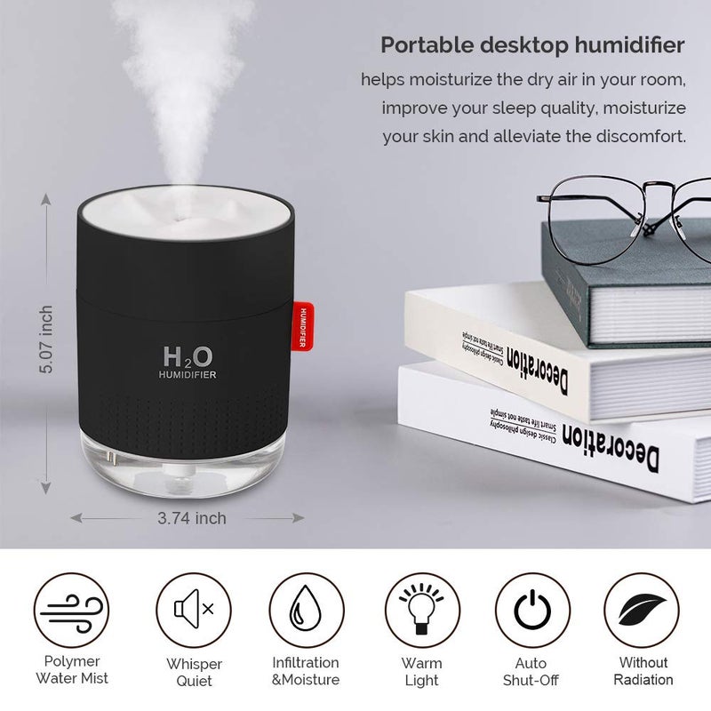 MOVTIP Portable Mini Cool Mist Humidifier, 500ml USB Personal Desktop Humidifier for Baby Bedroom Travel Office Home, Auto Shut-Off, 2 Mist Modes, Super Quiet (Black) - Image 2
