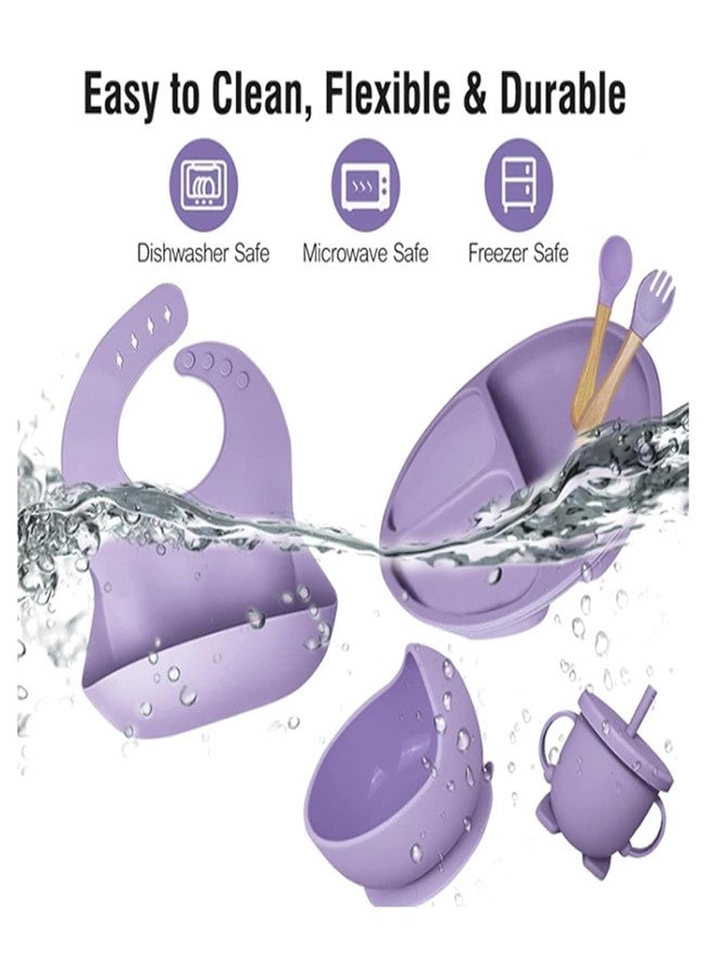 SKYFUN (LABEL) Silicone Baby Feeding Set with Suction Plate Bowl Sippy Cup Bib Spoon Fork, Unbreakable Dinnerware for Babies Toddlers (Purple) - Image 4