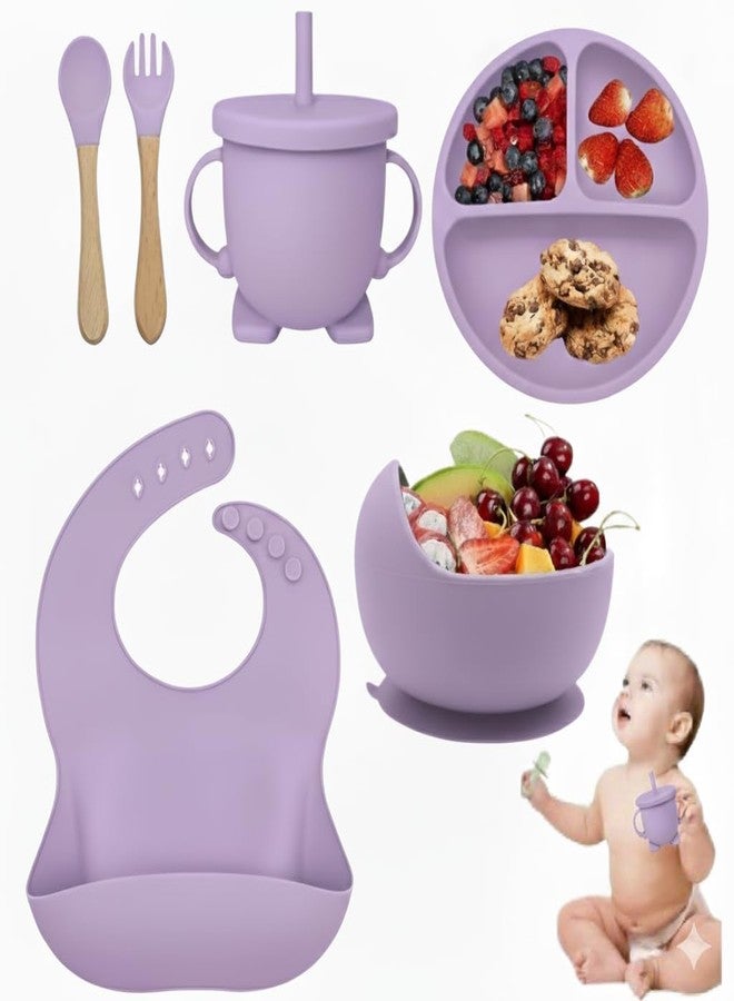 SKYFUN (LABEL) Silicone Baby Feeding Set with Suction Plate Bowl Sippy Cup Bib Spoon Fork, Unbreakable Dinnerware for Babies Toddlers (Purple) - Image 1