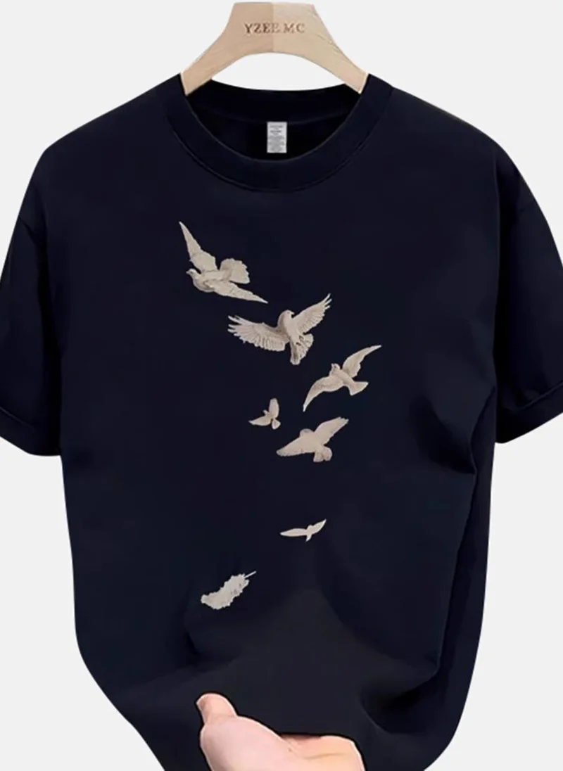 يونيكي Black Printed Round Neck Tshirt