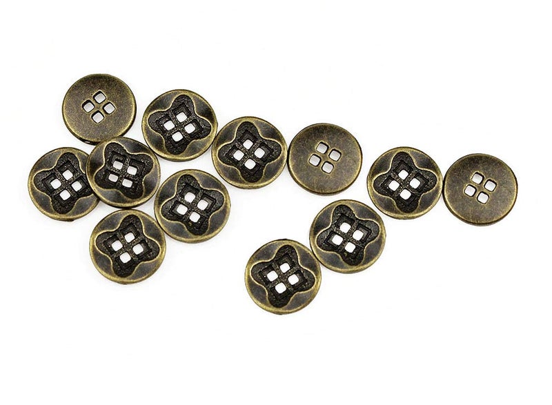 RECHERE 12 PCS Antique Flower Pattern Flat Metal Buttons 4Hole Craft for DIYS Sewing Embellishment Antique Bronze15mm