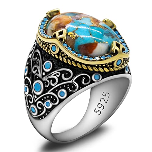 Artever S925 sterling silver men's turquoise ring Türkiye style pure handmade silver ring, suitable for daily wear gift giving (11) - Image 1