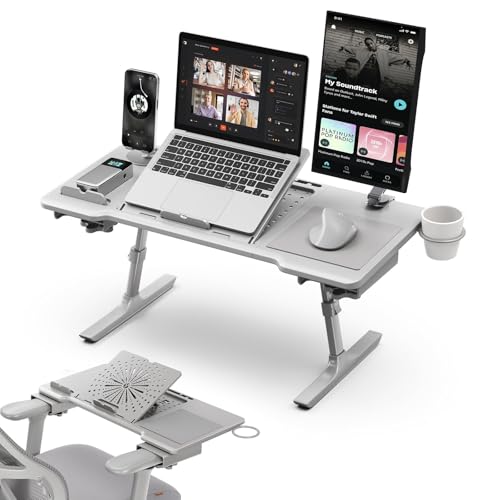 Drogo 2 in 1 SitNWork Multipurpose Foldable Laptop Table Tray Stand for Office Chair with Cup Holder, Angle & Height Adjustable | Portable Laptop Bed Tray Desk Stand with Mousepad & Bookstand (Grey) - Image 1