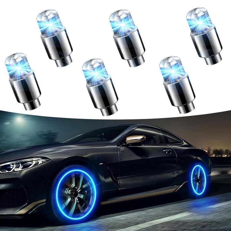 Fluher 6 PCS Car Tire Valve Light Cool Modified Night Light Safety Shock Sensor Flash Light Waterproof Tire Valve Stem LED Light Cap Universal Wheel Decoration Accessory for Car Motorcycle Blue