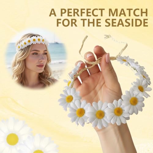 SYBL 3PCS White Bohemian Daisy Flower Crown Sunflower Hair Wreath Garland Headband Headpiece Sunhat Accessories for Women Wedding Festival Party Beach Holiday - Image 4