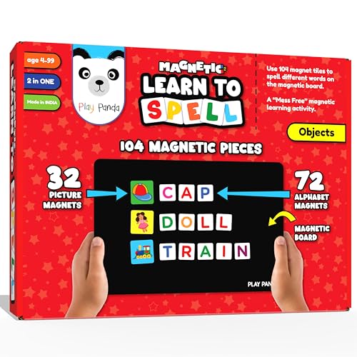 PLAY PANDA Magnetic Learn to Spell Objects with 104 Magnetic Tiles, Educational Magnetic Board Game for Kids with Picture and Alphabet Magnets for Spelling Practice - Image 1