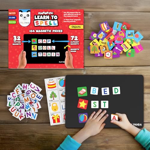 PLAY PANDA Magnetic Learn to Spell Objects with 104 Magnetic Tiles, Educational Magnetic Board Game for Kids with Picture and Alphabet Magnets for Spelling Practice - Image 2