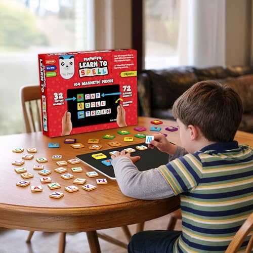 PLAY PANDA Magnetic Learn to Spell Objects with 104 Magnetic Tiles, Educational Magnetic Board Game for Kids with Picture and Alphabet Magnets for Spelling Practice - Image 3