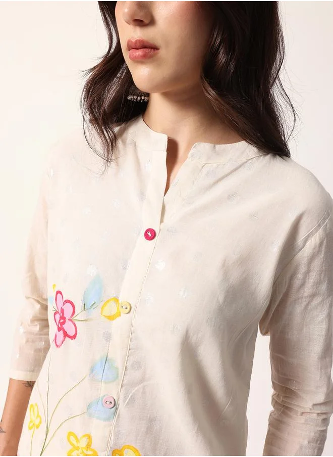 آي شين Women's Off White Cotton Textured Tunic Full Palazzo Regular Fit Kurta Set