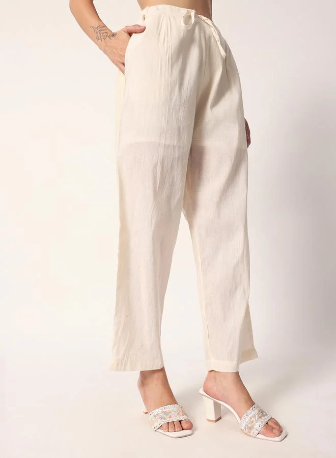 ISHIN Women's Off White Cotton Textured Tunic Full Palazzo Regular Fit Kurta Set