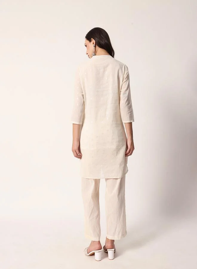 ISHIN Women's Off White Cotton Textured Tunic Full Palazzo Regular Fit Kurta Set