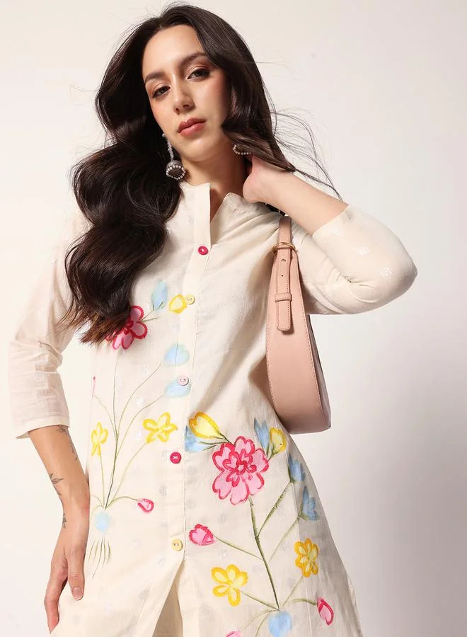 ISHIN Women's Off White Cotton Textured Tunic Full Palazzo Regular Fit Kurta Set