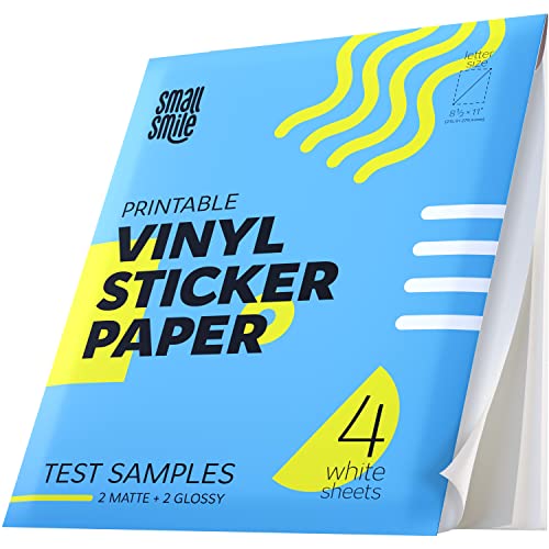 SMALL SMILE Premium Printable Vinyl Sticker Paper for Inkjet Printer and Laser - 4 White Matte and Glossy Sticker Paper Waterproof - Durability Adhesive Paper 8.5 x 11, Holds Ink Well, Great for Cutting Machines - Image 1