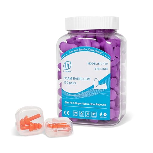 LYSIAN Slim Size Foam Ear Plugs for Small Ear Canals Women, Kids, 100 Pairs, 35dB SNR Noise Canceling Earplugs for Sleeping, Work and Study (Purple) - Image 1